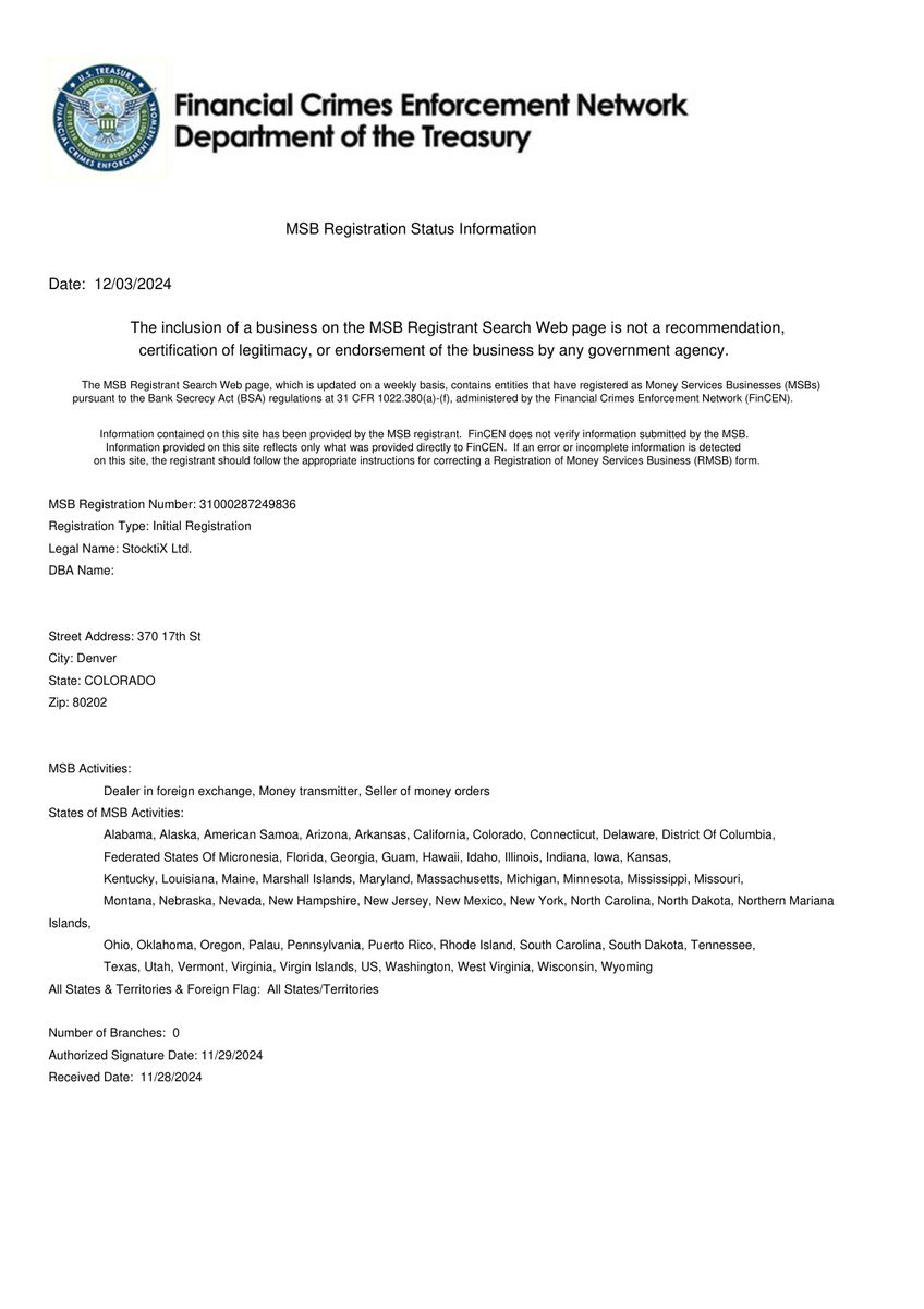 MSB registration — StocktiX Ltd.